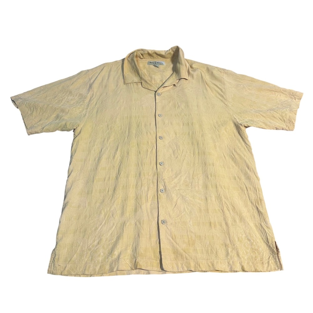 Tommy Bahama Silk Camp Shirt Mens Large Yellow Plaid Palm Leaf Textured Casual
